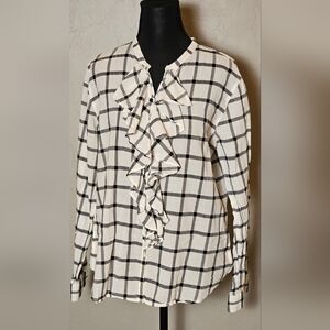 [GAP] Off White/Cream & Black Plaid Button Down Top 《L》Ruffle Accent
